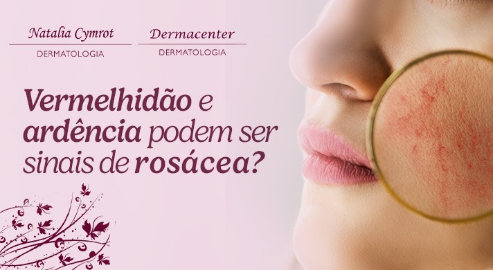 A imagem mostra o rosto de uma mulher com manchas vermelhas na bochecha e uma lupa que é colocada em seu rosto, e as manchas em seu rosto são visíveis através da lente.