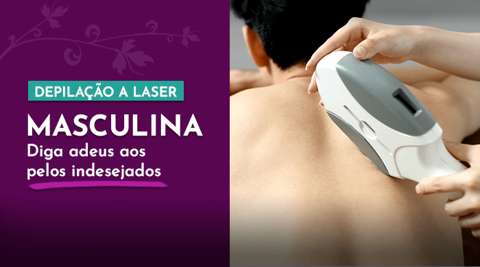 A imagem mostra um homem recebendo tratamento de depilação a laser nas costas, com foco na máquina sendo manuseada por outra pessoa.